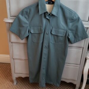 7 For All Mankind Button Up Shirt Dress, Blue Fleece Lined Faux Leather